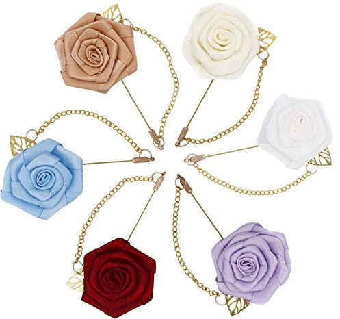 Rosen Boutonniere, 6 Stück Anstecker Hochzeit, Ansteckblume Herren Frau, Künstliche Blumen Broschen, Anstecker Pin mit Goldene Lange Kette, Bunt für Abschlussball Bankett Party