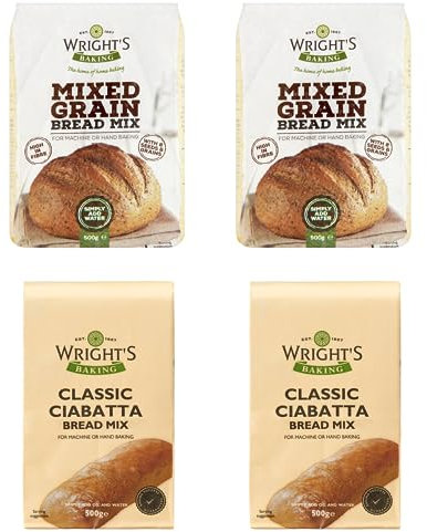 Wright’s Bread Mix Selection Pack – 2x Mixed Grain 500g + 2x Classic Ciabatta | Premium Home Baking Mix | Suitable for Bread Machine or Hand Baking | Fresh Artisan Loaves Made Easy (NP)