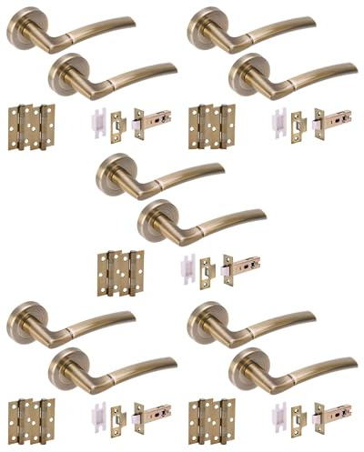 Hunta HANDLEZONE® 5 Sets Neemo Internal Door Handles on Rose Lever Latch Packs with Ball Bearing Hinges - Antique Bronze
