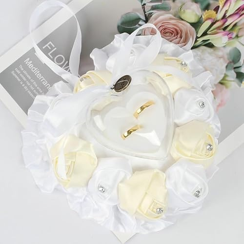 Hochzeit Ringkissen, Vintage Hochzeitsdeko Ehering-Kissen mit Satinband Schleife Ringhalter in Herzform Hochzeit deko Strass Ring Kissen Ringbox Kissen für Eheringe Verlobung Valentinstag-Weiße