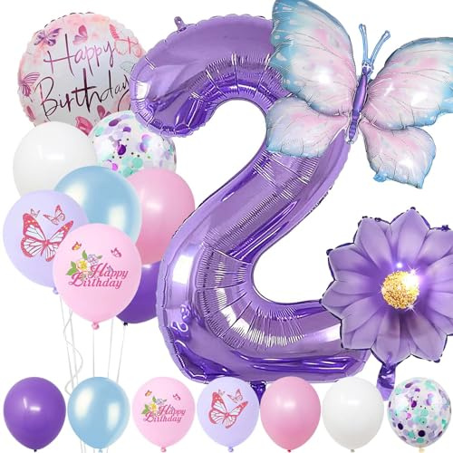 2 Jahre Set - Zahl Folienballon，22 Stück Blau Lila Geburtstagsdeko，Schmetterling Blumen Ballon，Kindergeburtstag Party Deko Zahl 2 Luftballon für Mädchen Jungen Geburtstags Festival Party Dekoration