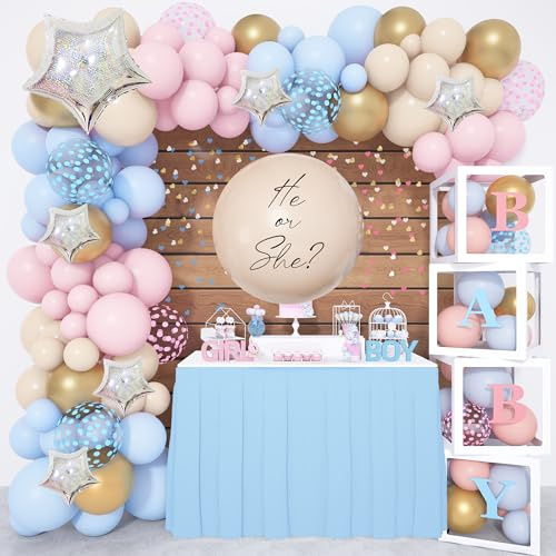 Amandir 164PCS Gender Reveal Balloon Boxes Decorations, Pink and Blue Balloon Garland Kit 4pcs Boxes with Letters (A-Z+Baby) for Baby Shower Birthday He or She Gender Reveal Party Supplies
