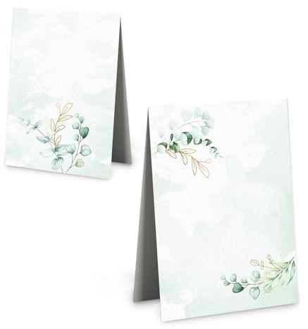 Namensschilder Eukalyptus, 25er Set: Tischkarten für Hochzeit, Geburtstag, Taufe, Konfirmation & Kommunion, Festdeko Tisch, Platzkarten zum Beschriften, Tischkärtchen Edel, Grün Gold, 8,5 x 5,5 cm