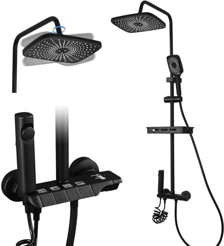 Dnkelar Duschsystem mit Armatur, Duschset, Duscharmaturen 4 Funktion, mit Regenduschkopf, ABS Handbrause, Ablage (Schwarz)