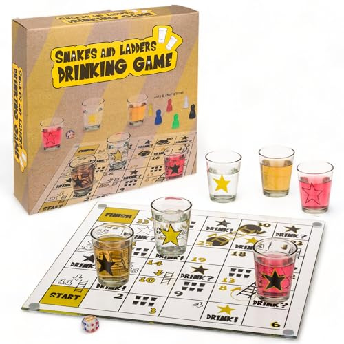 MIJOMA 's divertente gioco di bere serpenti e scale, tra cui tavola da gioco in vetro, 1 cubo, 6 bicchieri sparatutto e mini personaggi eleganti - divertimento garantito!