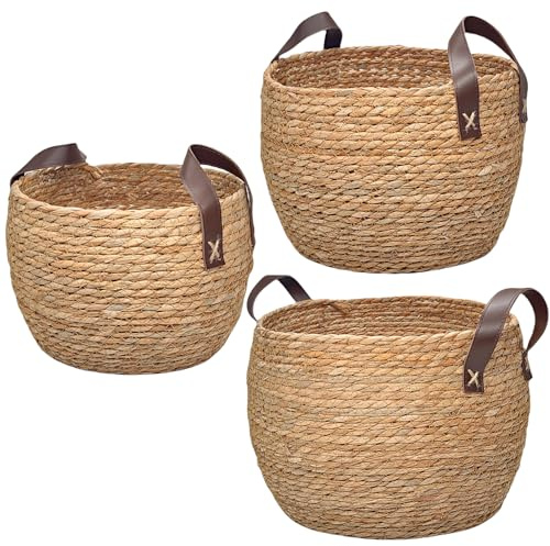 GIB Round Wicker Woven Seagrass Storage Baskets with Leather Handles Set of 3, Natural Decorative Braided Rope Wicker Baskets Bins for Shelves Blankets Organizing, 13, 12 & 11