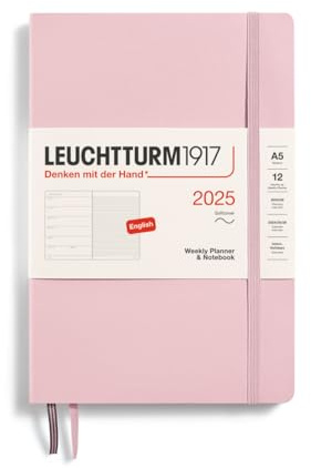 LEUCHTTURM1917 370747 Veckokalender och anteckningsbok 2025, medium A5 softcover – 12-månaders planerare, linjerad – puder, engelska