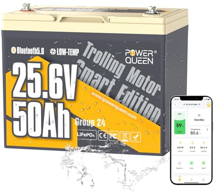 Power Queen 24V 50Ah Bluetooth Lithium Batterie für Booten | Mini Größe, IP65, Temperaturschutz, Max. 15.000 Zyklen, 1280Wh Energie, für 24V Trolling Motor (70-100lbs), Angelfinder