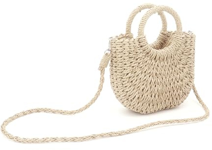 MoYouno Sommer Stroh Handtasche,Kreis Böhmische Schultertaschen,Sommer Strandtasche Abnehmbarer Schultergurt,Clutch, für Frauen Reisen Urlaub (Beige)