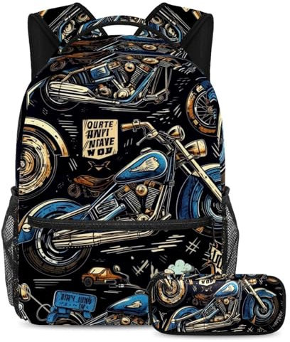 Schulranzen Set - Retro Blau Motorrad Rucksack mit Federmäppchen Combo, ideal für Schüler, Jungen und Mädchen, Retro-Motorrad in Blau, Größe L
