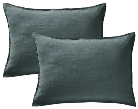 Meubletmoi Lot de 2 Taies d'Oreillers Rectangulaires 50 x 70 cm en Lin Lavé Bleu avec Ouverture Portefeuille avec Rabat - Linge de Lit - Luisa