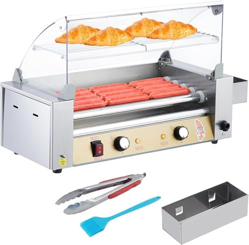 Machine À Hot-Dogs Machine À Griller Les Saucisses en Acier Inoxydable avec Double Contrôle De Température Hotte en Verre avec Couvercle en Acrylique Étagère Chauffante pour Petits Pains,5 Roller