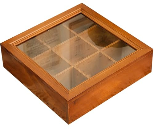QUSHEJIAND Boîte de rangement en bois, 9 compartiments, boîte de rangement carrée transparente en acrylique pour ranger et organiser le café, le thé, le sucre, les épices (24 x 24 x 7 cm)