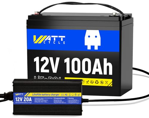 WattCycle 12V 100Ah LiFePO4-Lithiumbatterie mit 14.6V 20A Ladegerät, 15000 Zyklen, integriertes 100A BMS, Niedertemperaturschutz, ideal für Wohnmobile, Golfwagen, Energiespeicher für Privathaushalte