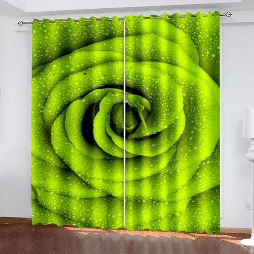 Lirzxin Vorhänge Blickdicht 160 cm Lang, Gardinen Verdunklung mit Ösen 2er Set Gelb Grün Blütenblätter mit Tropfen Muster Vorhang für Kinderzimmer Wohnzimmer Schlafzimmer, 102x160 cm(BxH)