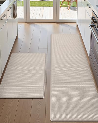 DEXI Tappetini da cucina imbottiti anti affaticamento, 43 x 73 cm + 17 x 59 cm, tappeto runner impermeabile, comodo imbottitura in memory foam per lavello anteriore, set di 2, beige