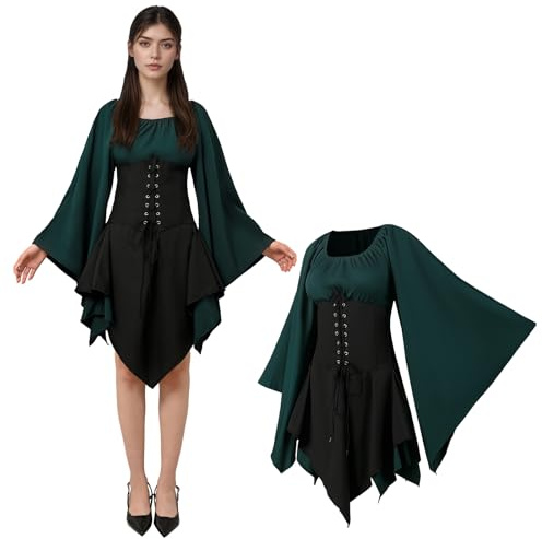 JDFAIJEAL Robe médiévale pour femmes avec manches trompette, robe irlandaise traditionnelle pour femmes, costume d'elfe de la Renaissance, vêtement gothique pour carnaval, cosplay, fête d'Halloween