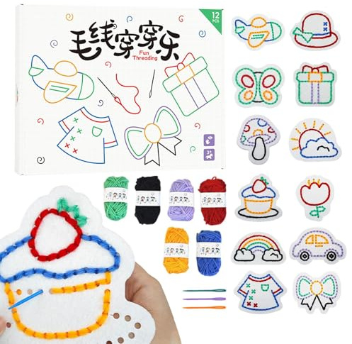 Kit de costura para niños, tarjetas de cordones para niños, juego de hilo de, patrones no tejidos, actividades educativas, juegos de habilidades motrices finas para niñas y niñas