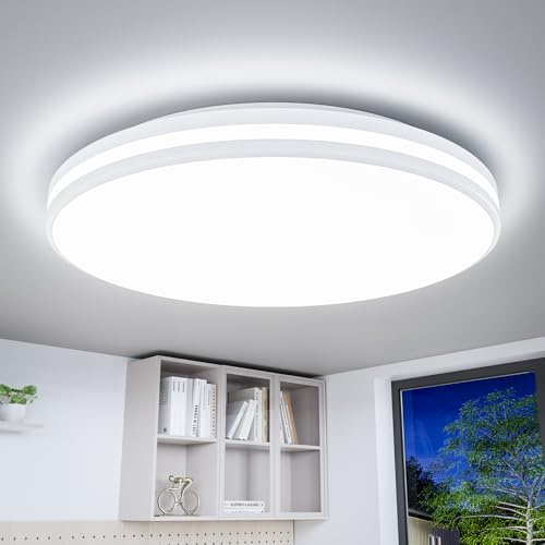 LED Deckenleuchte 20W, Deckenlampe Badezimmer Rund Kaltweiß 5000K, Badezimmerlampe Sehr Hell, Bad Lampe Decken Wasserfest IP44, Badlampe LED für Flur Küche Wohnzimmer WC, Ceiling Light 26CM 1800LM