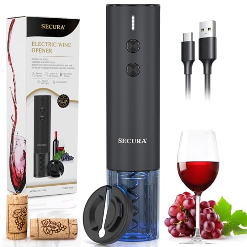 Secura Stainless Steel Electric Wine Opener, Rechargeable Automatic Wine Bottle Opener with Foil Cutter & Charging Cable, Reusable Corkscrew Wine Opener Electric for Home Party Bar Outdoor, Black
