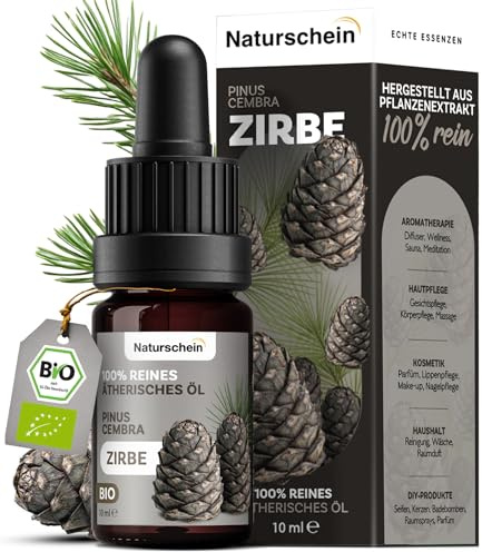 Naturschein BIO Zirbenöl 10ml [100% Naturrein] | Ätherisches Öl für Aromatherapie, Hautpflege & Haushalt | Vielseitig Anwendbar | Aus Italien (Pinus Cembra)