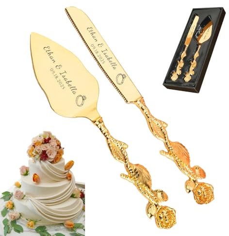 Vebon Engraved Personalized Gold Wedding Cake Knife and Server Set - Custom Bridal Cake Serving Gift for Anniversary, Engagement, Birthday Gift (Rose)