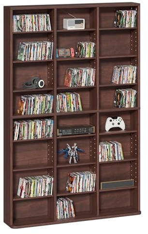 LELELINKY 8 Tier Tall Display Cabinet, Walnut Media Storage Cabinet with Adjustable Shelves, Free Standing DVD Organizer Shelf, Floor Multimedia Storage Manga Bookshelf for Living Room & Home Office.