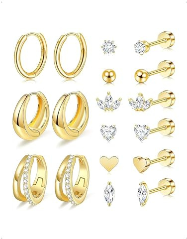 KONFEN 9 Paar Ohrringe Ohrstecker Set Edelstahl Damen, Creolen Ohrring Stecker Herz Schneeflocke Ahornblatt Zirkonia, Mehrfach Piercing Dünne Chunky Creolen Helix Tragus Ohrknorpel Stapelbar, Gold