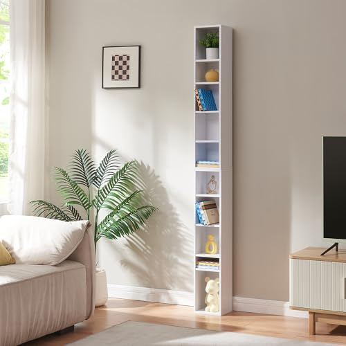 [en.casa] Estantería para CDs Tynset Soporte para DVDs Recuerdos Librería con 10 Compartimentos Estantes Ajustables en Altura Aglomerado 187 x 20 x 17 cm - Blanco