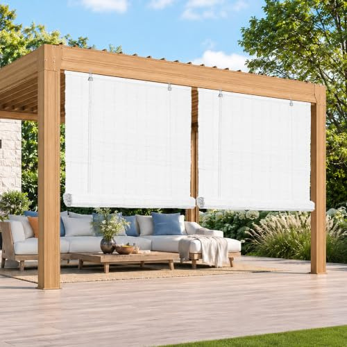 HOMEDEMO PE Tenda a rullo per Interni e Esterni, effetto bambù, Impermeabile, Protezione UV e Privacy, Tende Oscurante per Balconi e Terrazze, veneziane di Ventilazione, Bianco crema, 130x220cm
