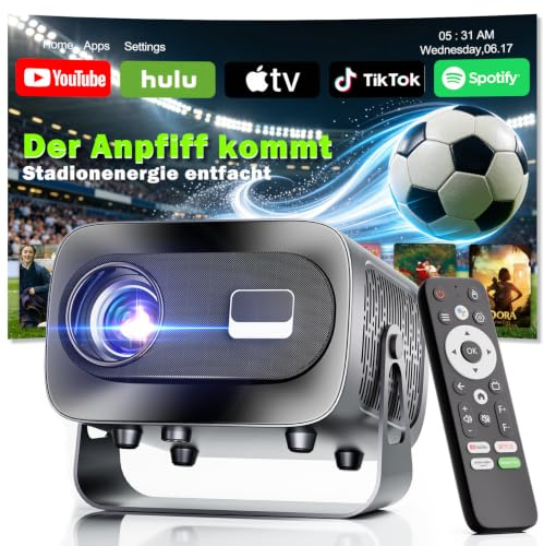 Mini-projektor med 4K Smart Beamer - officiell app med Full HD 1080p, 1 000 lumen, autofokus och trapetskorrigering, 360° rotation, WiFi och Bluetooth, för mobiltelefon, HDMI, TV-stick, bärbar