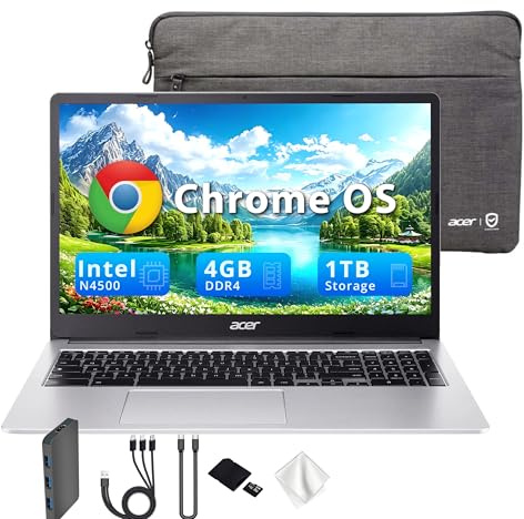 Acer Chromebook 315 15,6 pollici FHD, 4 GB LPDDR4 RAM, 1 TB di spazio di archiviazione (64 GB eMMC e set di docking station da 1 TB), Intel Celeron N4500, grafica Intel UHD, tastierino numerico