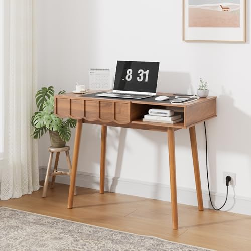 AeasyG Scrivania Legno con cassetti，Prese Integrate USB, piccola 109x51x76cm salvaspazio, 40L Ampio Spazio, Effetto Noce, per Ufficio, Camera, Scrittoio, Trucco，Mid-Century Modern
