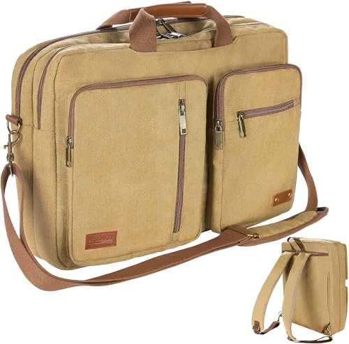 BRUBAKER Vintage Umhängetasche 'Safari' - Poly Canvas Aktentaschen für Herren und Damen - Retro Laptoptasche Businesstasche mit Rucksackfunktion - 3 in 1 Messenger Bag Tasche - Braun