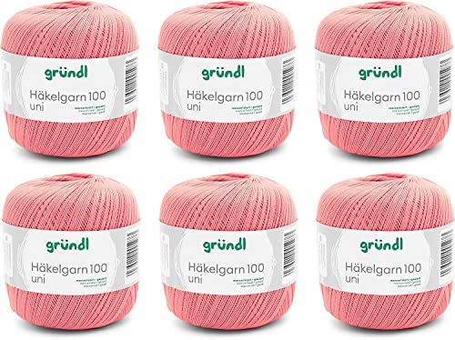 Gründl Hilo de ganchillo 100 6 × 100 g, Salmón | juego de ganchillo, hilo de algodón mercerizado para ganchillo, 100 % algodón, 100 g / 566 m, aguja: 1,5 - 2