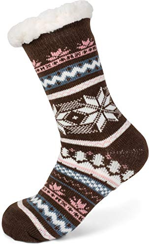styleBREAKER calzini morbidi da donna con fodera imbottita e modello norvegese, calze ABS, taglie 35-42 EU / 5-10 US / 4-8 UK 08030008, colore:Marrone scuro