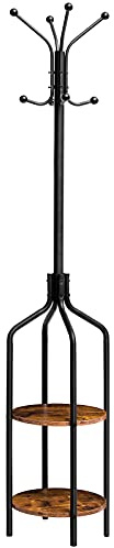 HOOBRO Coat Stand, Coat Rack with 2 Shelves and 8 Hooks, Hall Tree, Free Standing Coat Stand for Hats, Backpacks, Umbrellas, Hallway, Porch, Metal Frame, Industrial, Rustic Brown EBF81YM01
