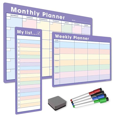 TMS #1 Magnetisches Whiteboard-Planer-Pack/individuelles trocken abwischbares Set | Wochenplaner, meine Liste, Monatskalender | 4 trocken abwischbare Marker, Radiergummi (Pastell/Lila, Bundle 1)