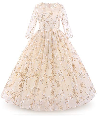 IWEMEK Fleur Filles 3/4 Manches Brodé Floral Tulle Maxi Longue Princesse Robe de Mariage Honneur Première Communion Robe de Soirée Anniversaire Fête Robe de Bal Habillée Enfants Beige 7-8 Ans