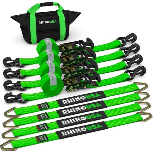 Rhino USA Car Tie Down Straps for Trailers with J Hooks (4-Pack) – 2 x8' (10,000lb Break Strength) – Heavy Duty Car Hauler Tire Straps with Axle Straps for UTV, Powersports & More – Green
