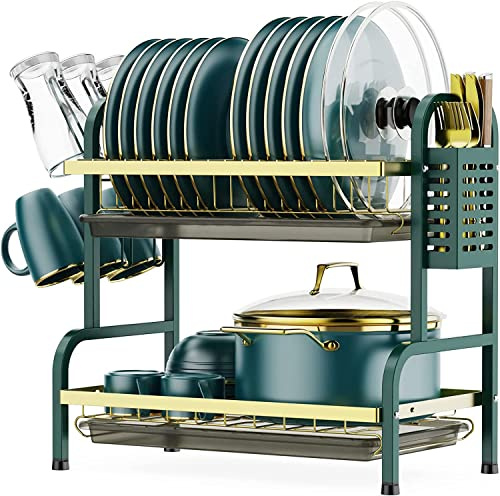 Dish Drying Rack,2 Tier Stainless Steel Dish Rack Drainboard Set,Utensil Holder, Cup Holder,Dish Drainer for Kitchen Counter,Space-Saving (Green Gold)