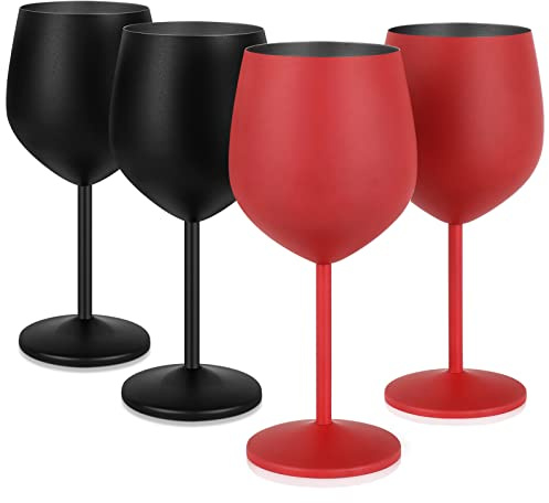 Lifecapido Edelstahl Weingläser 4er Set, 530 ml Edelstahl Weinkelche, Metall Weingläser mit Tassenbürste für Party Büro Hochzeit Jahrestag, ideal für Rotwein, Schwarz und Rot