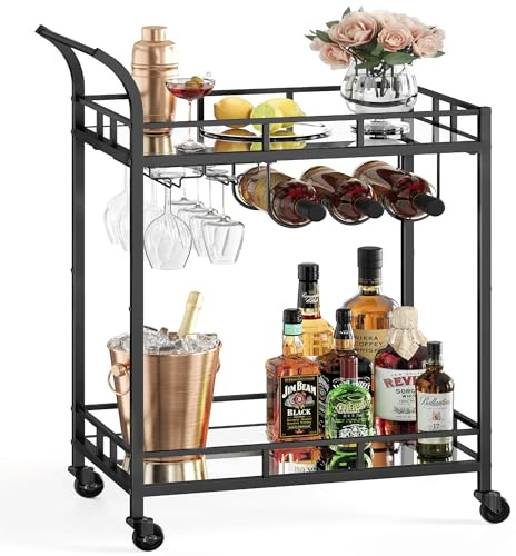 VASAGLE Drinks Trolley, Bar Cart, Serving Trolley with 2 Mirrored Shelves, Wine Holders, Glass Holders, for Home Bar, Kitchen, Dining Room, Black LRC092B62