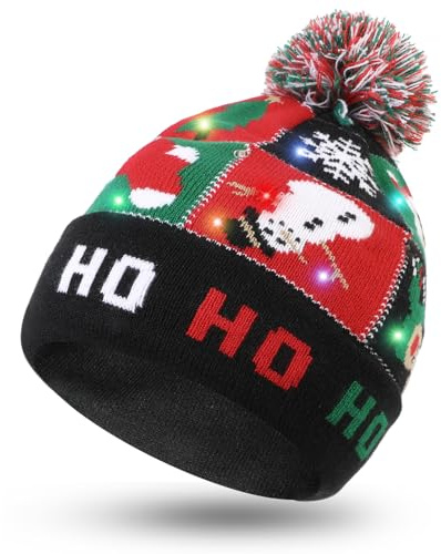 Hifot LED upplyst mössa stickad mössa ljus och färgglad julfest mössa mössa varm nyhet stickad mössa mössa, HoHoHo, one size