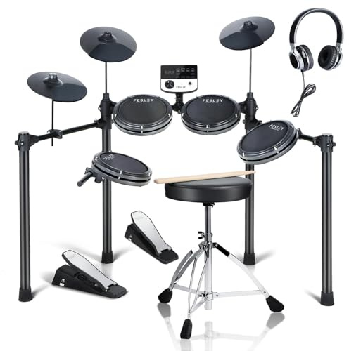Fesley Electric Drum Set: 5 Drums 3 Cymbals with 4 Quiet Mesh Drum Pads, Electronic Drum kit for Beginner Adult, E Drum Kit with Drum Throne, Headphone, Drumsticks, USB MIDI, Intelligent Sound Module