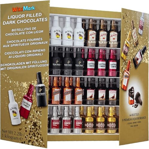 Bottiglie di Cioccolato Riempite di Liquore - Nuova Edizione 2025 con Nuovi Gusti - Include Scatola Portabottiglie WikiMark. 1 Kg - 64 Bottiglie.