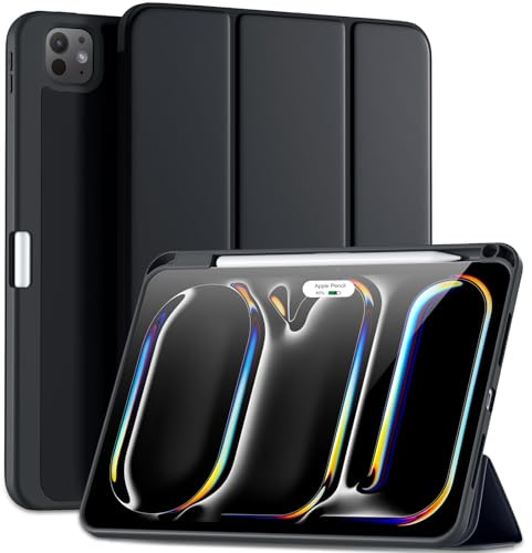 Maledan Hülle für iPad Pro 11 Zoll M5 2025/M4 2024 mit Stifthalter, Schwarz | Flexible TPU Schutzhülle, Unterstützt Pencil Pro/USB-C, Dreifach-Ständer, Auto Schlafen/Wachen