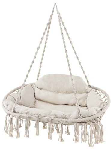 COSTWAY 2-Seater Hammock Swing Chair with Cushions, Folding Metal Frame Cotton Rope Macrame Hanging Chair, Indoor Outdoor Tassels Swing Seat for Porch, Poolside & Deck (without Stand)