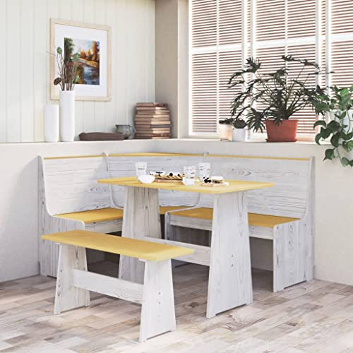 Hommdiy Essgruppe 3-TLG. Tischgruppe Sitzgruppe Esszimmergarnitur Tischset Eckbank Esszimmertisch Eckbankgruppe Massivholz Kiefer 3-teiliges Set,Honigbraun und Weiß