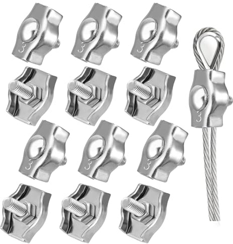 Bewudy 12 Stück Drahtseilklemme M3, Edelstahl Seilklemme für 2mm Drahtseile Drahtseile Clip Kabelklemmen für Drahtseil Stahlseil Wäscheleine Markise Fixiert
